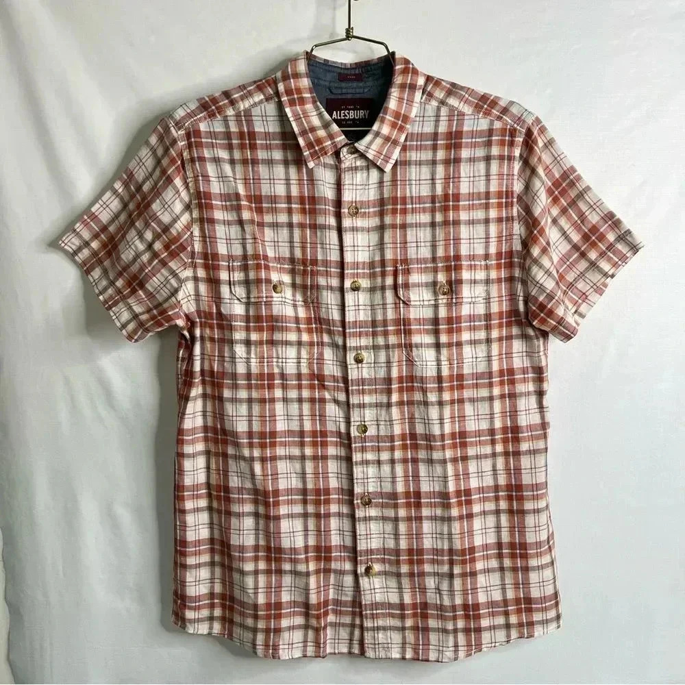 Alesbury  Sz Medium Shirt Slim Linen Blend Multicolor Plaid Casual Button Front